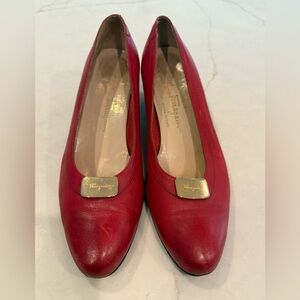 Salvatore Ferragamo Vintage Red Leather Heels with Gold Accent